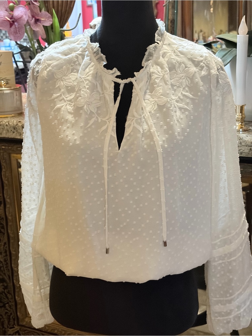 White House Black Market White Embroidered Swiss-Dot Peasant Top